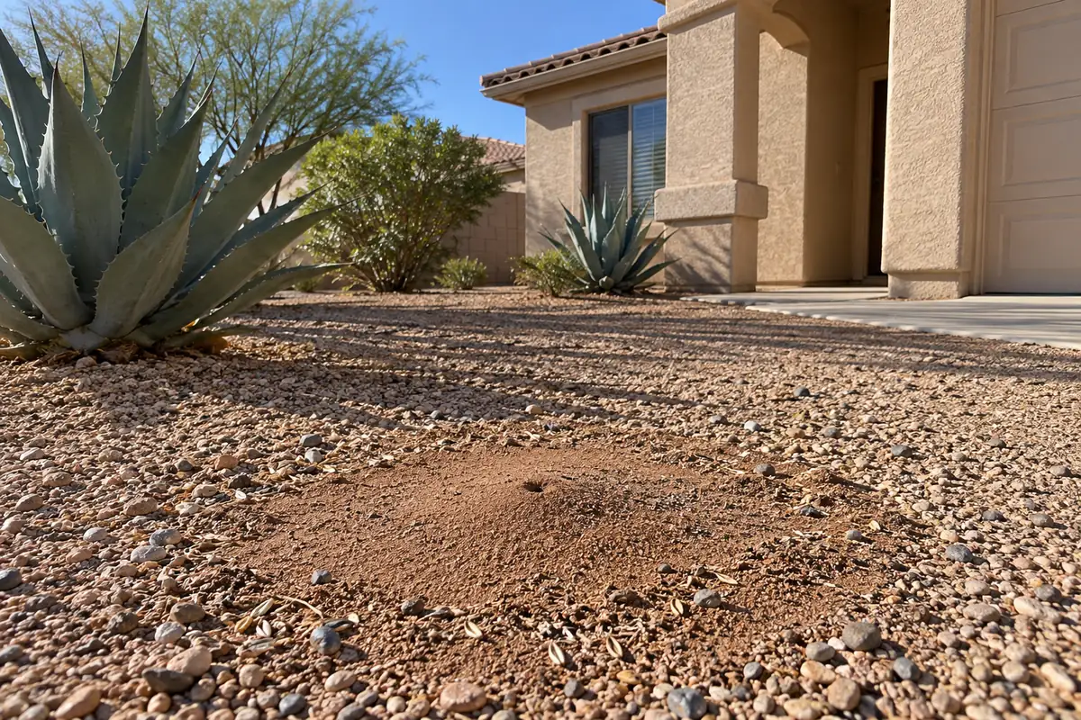 Ant mound in gravel landscaping beside a house with agave plants, ant control in Allen, TX