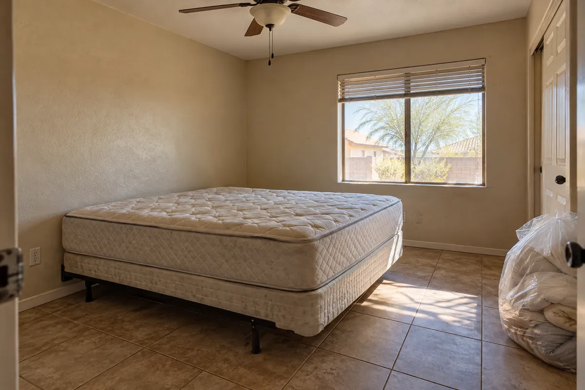Bedroom with a mattress on a bed frame, a ceiling fan and a bag of bedding, bed bug treatment in Allen, TX