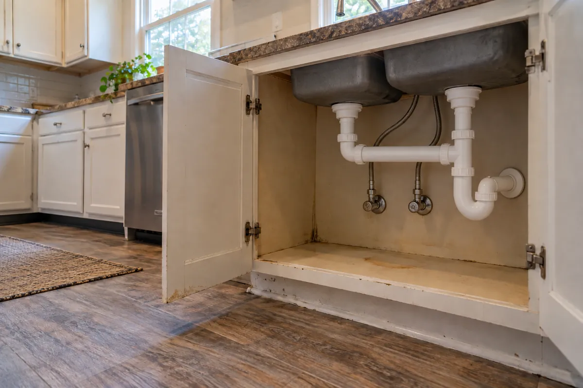 Open kitchen sink cabinet with white drain pipes, cockroach control in Allen, TX
