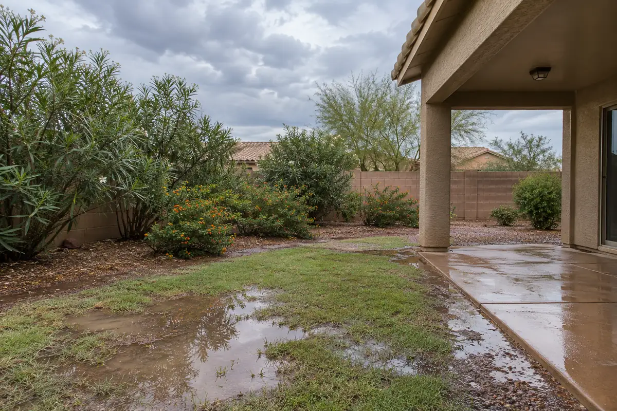 Standing water on a lawn beside a covered patio, mosquito control in Allen, TX