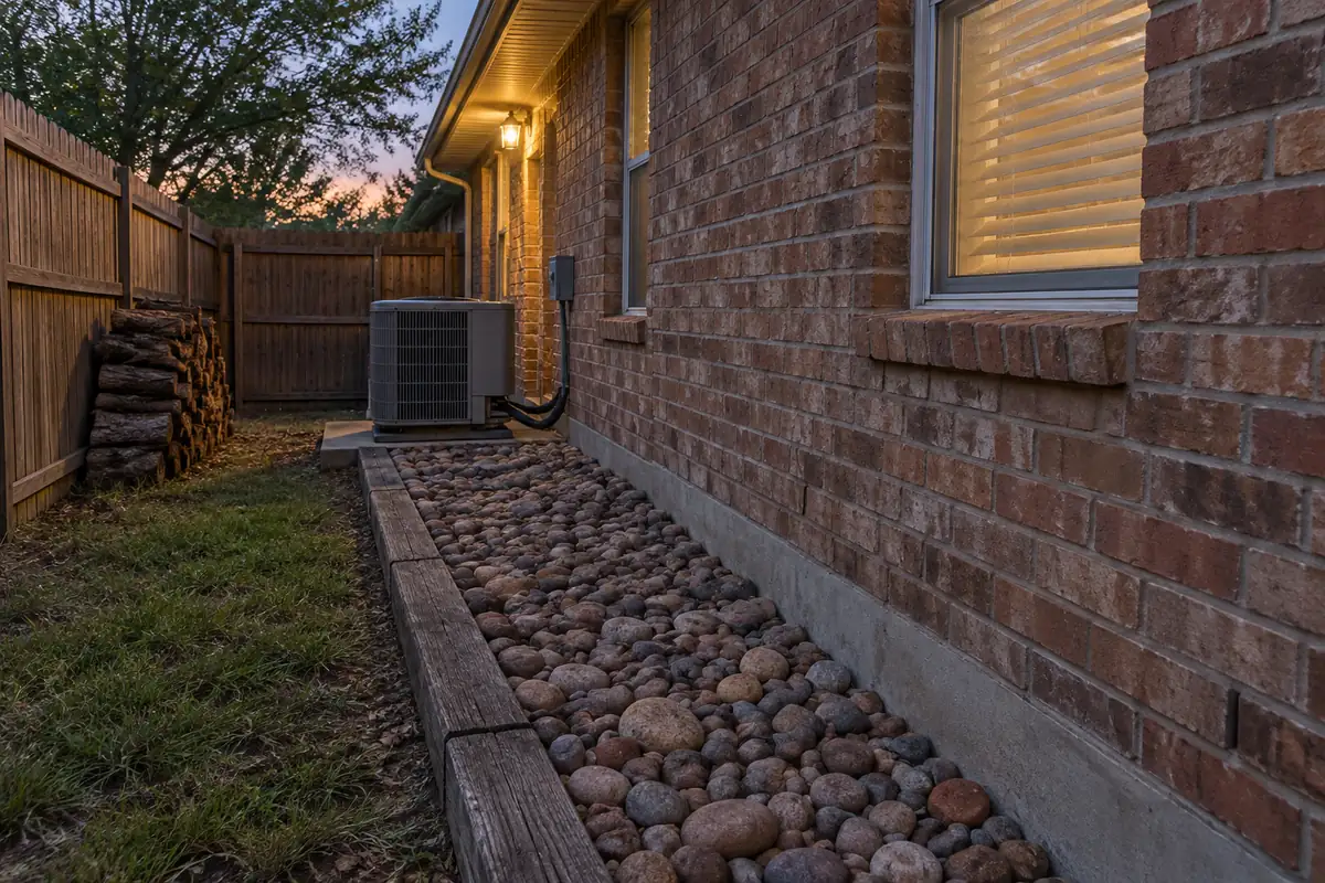 Side of a brick house with a river-rock border and an air conditioner, scorpion control in Allen, TX