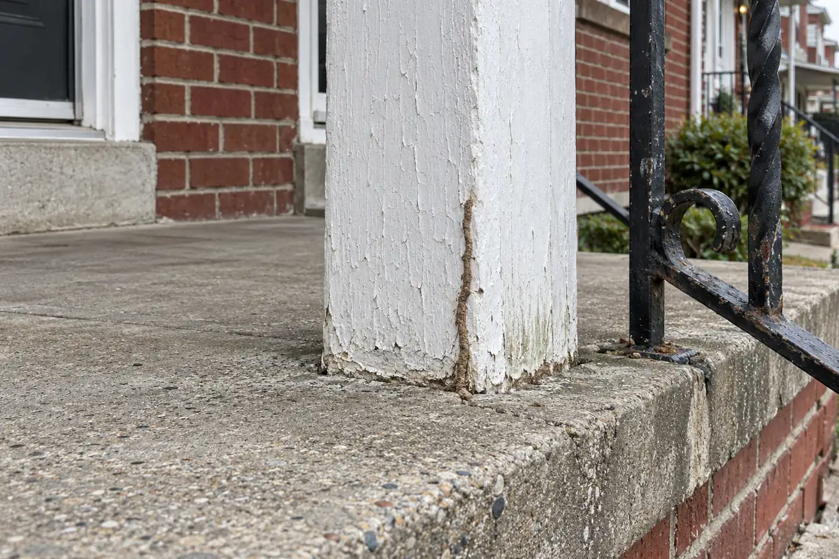 Mud tube rising along a porch column base at a concrete step, termite control in Allen, TX